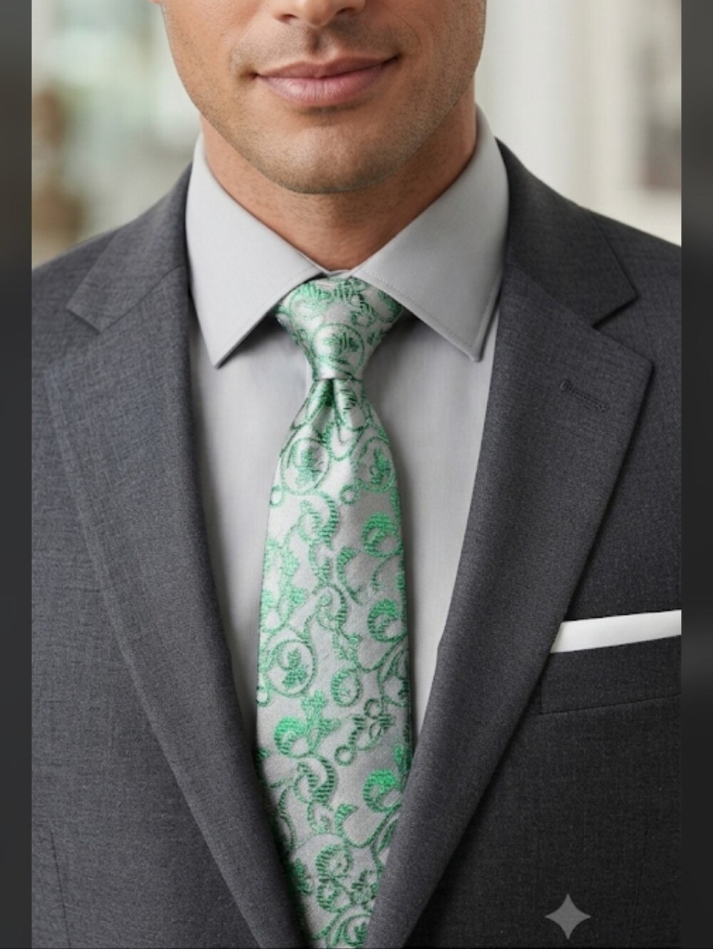 Apt 9 Green Silver Floral Pattern Necktie Men's 3" Wide Tie